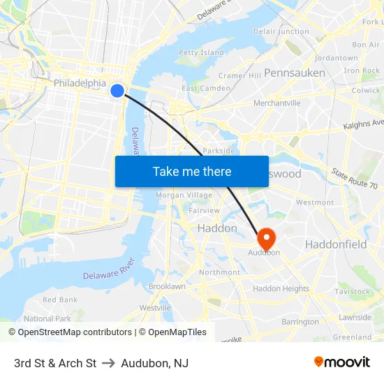 3rd St & Arch St to Audubon, NJ map