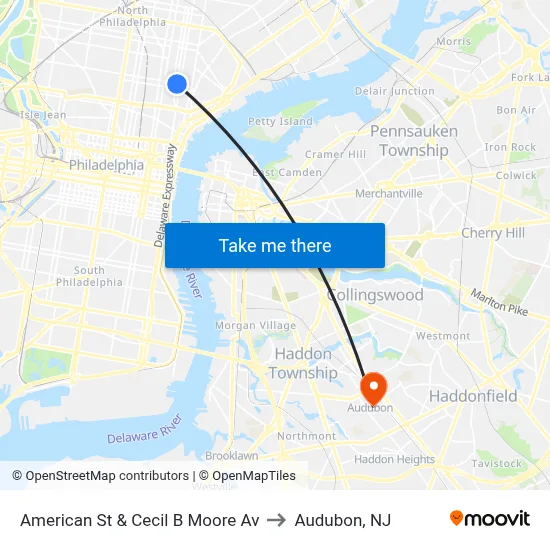 American St & Cecil B Moore Av to Audubon, NJ map
