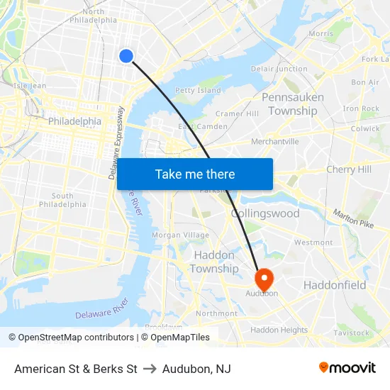 American St & Berks St to Audubon, NJ map