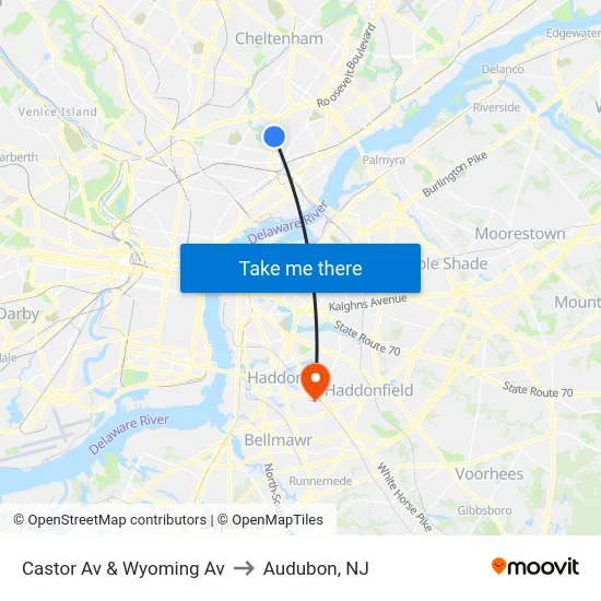 Castor Av & Wyoming Av to Audubon, NJ map