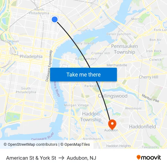 American St & York St to Audubon, NJ map
