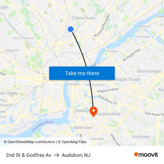 2nd St & Godfrey Av to Audubon, NJ map