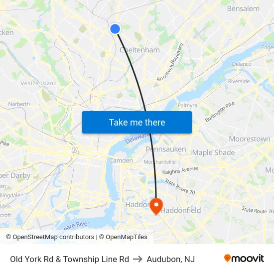 Old York Rd & Township Line Rd to Audubon, NJ map