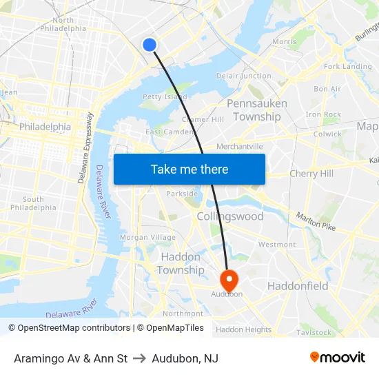 Aramingo Av & Ann St to Audubon, NJ map