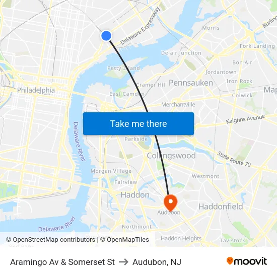 Aramingo Av & Somerset St to Audubon, NJ map