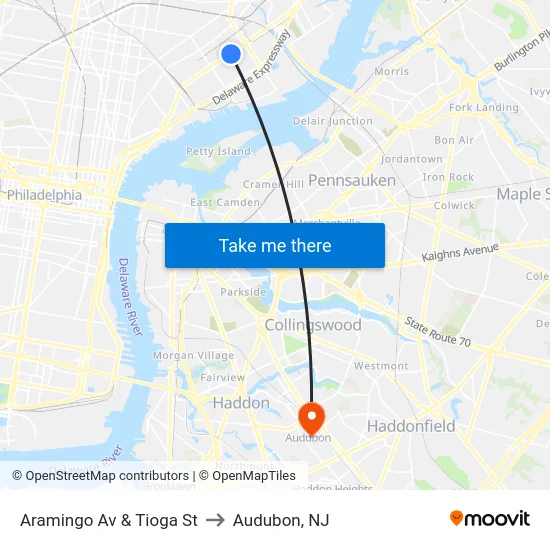 Aramingo Av & Tioga St to Audubon, NJ map