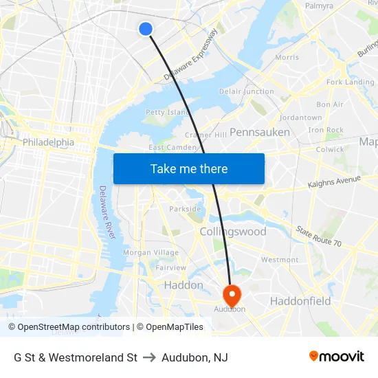 G St & Westmoreland St to Audubon, NJ map