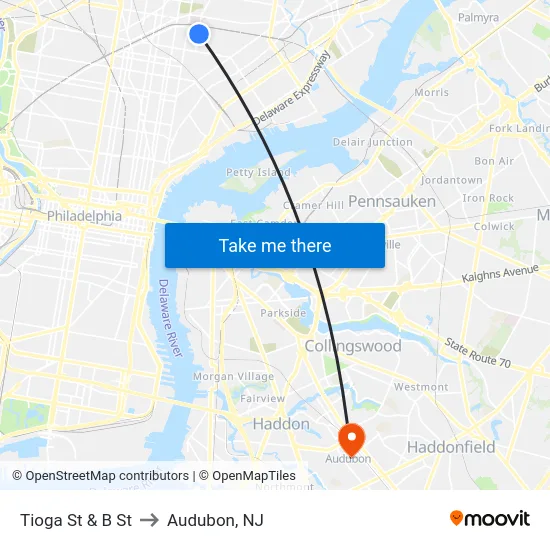 Tioga St & B St to Audubon, NJ map