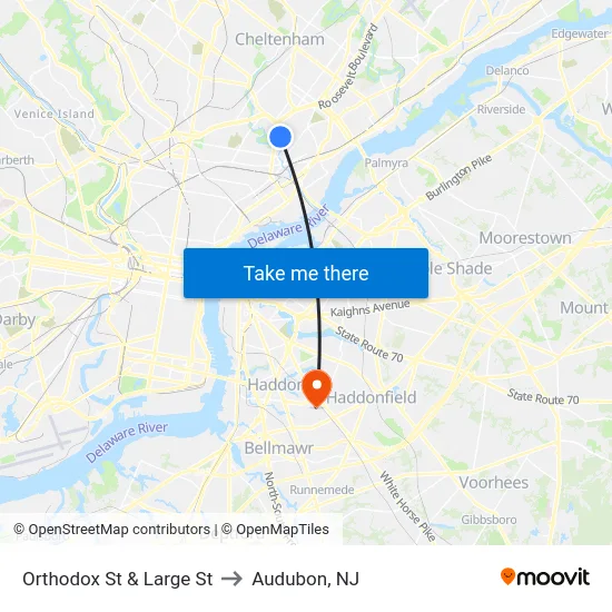 Orthodox St & Large St to Audubon, NJ map