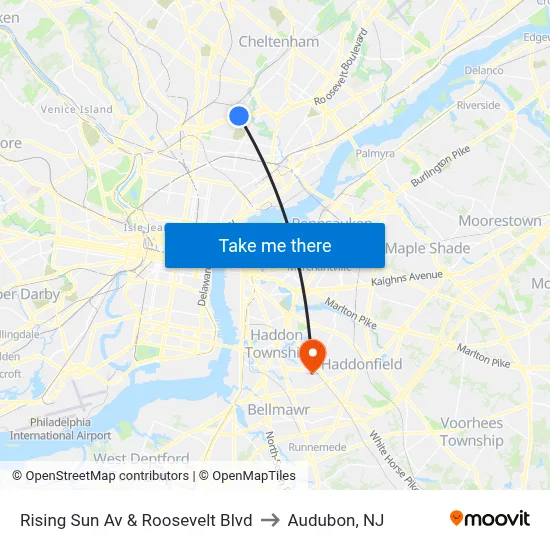 Rising Sun Av & Roosevelt Blvd to Audubon, NJ map