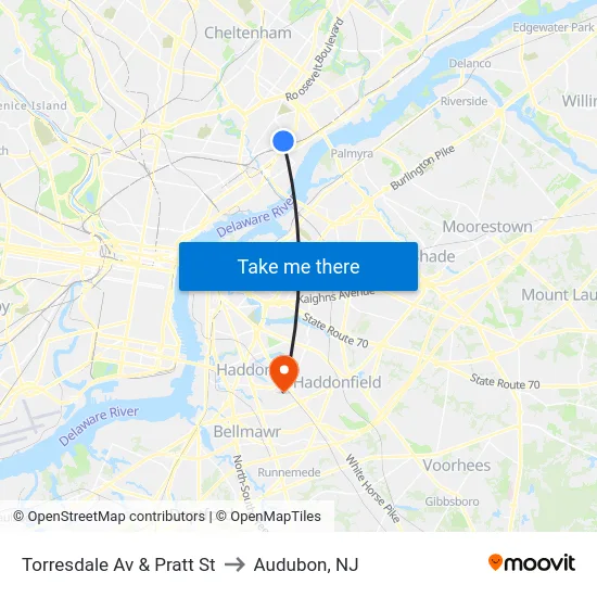 Torresdale Av & Pratt St to Audubon, NJ map