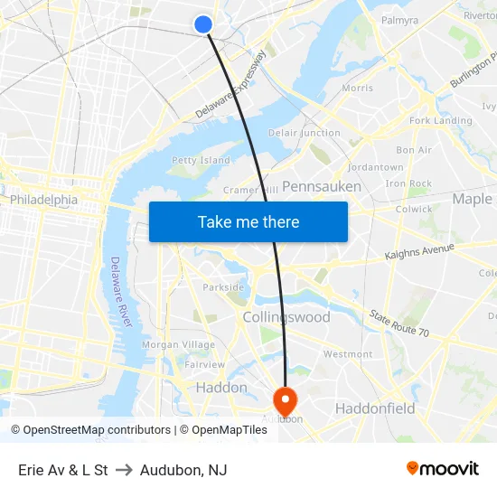 Erie Av & L St to Audubon, NJ map