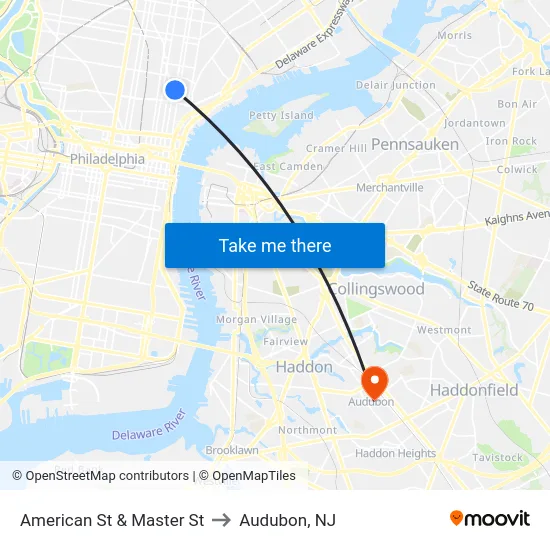 American St & Master St to Audubon, NJ map