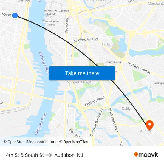 4th St & South St to Audubon, NJ map
