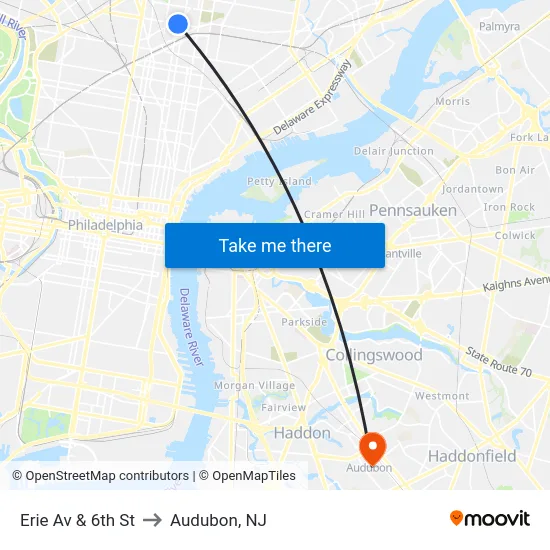 Erie Av & 6th St to Audubon, NJ map