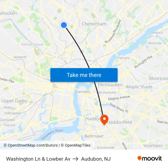 Washington Ln & Lowber Av to Audubon, NJ map