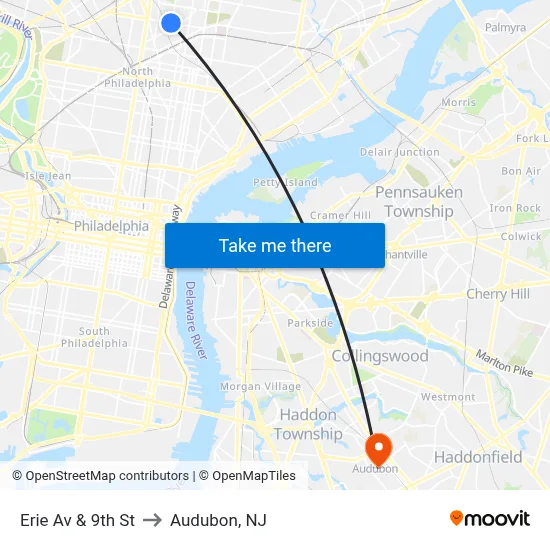 Erie Av & 9th St to Audubon, NJ map