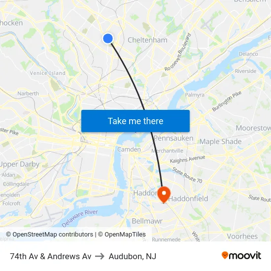74th Av & Andrews Av to Audubon, NJ map
