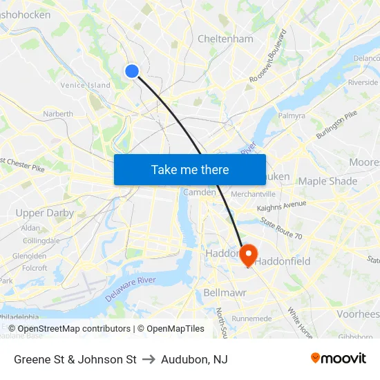 Greene St & Johnson St to Audubon, NJ map