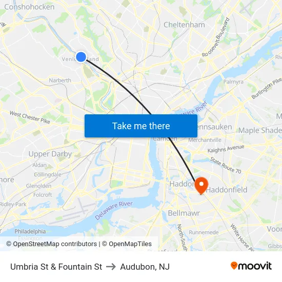 Umbria St & Fountain St to Audubon, NJ map