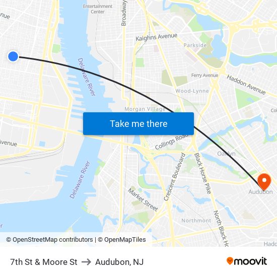 7th St & Moore St to Audubon, NJ map