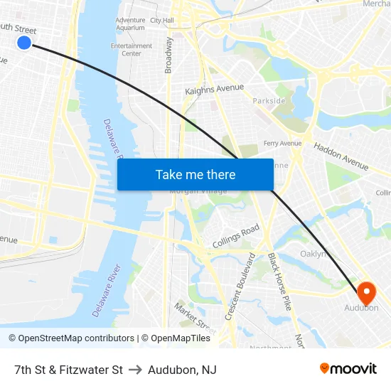 7th St & Fitzwater St to Audubon, NJ map