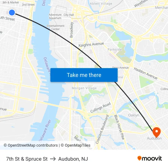 7th St & Spruce St to Audubon, NJ map