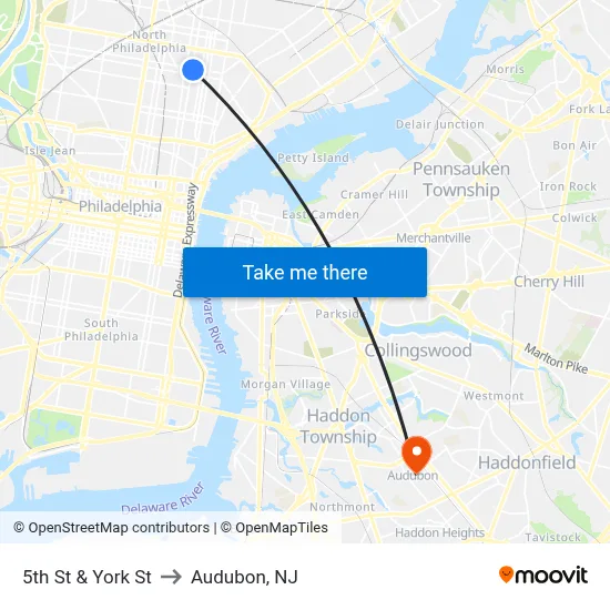 5th St & York St to Audubon, NJ map