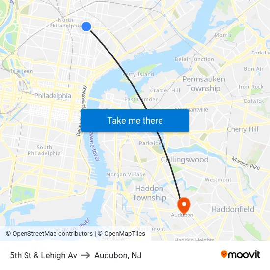 5th St & Lehigh Av to Audubon, NJ map