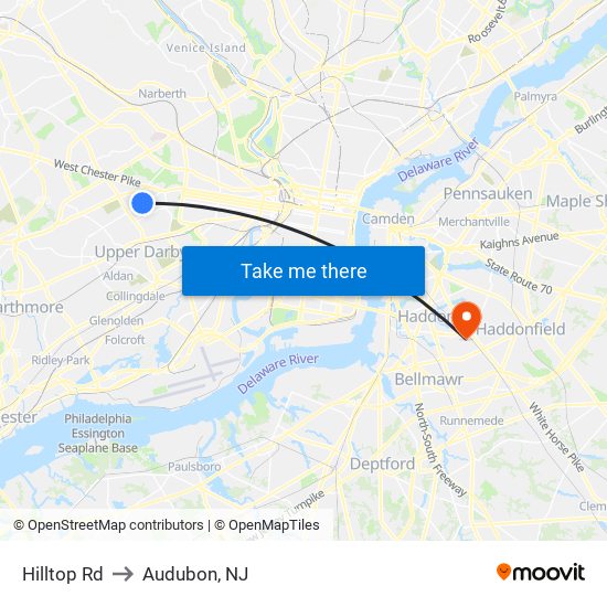 Hilltop Rd to Audubon, NJ map