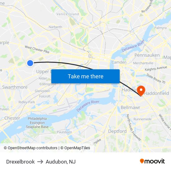 Drexelbrook to Audubon, NJ map