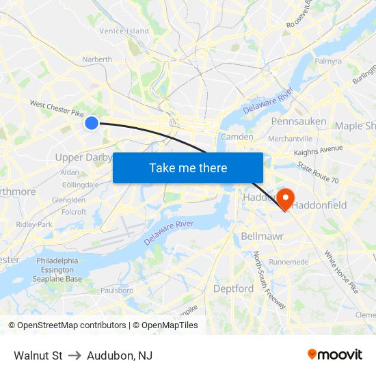 Walnut St to Audubon, NJ map