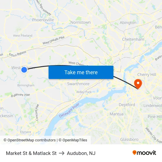 Market St & Matlack St to Audubon, NJ map