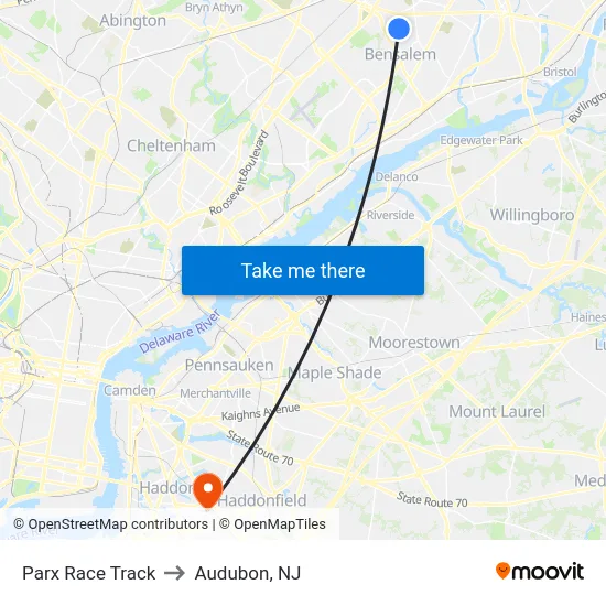Parx Race Track to Audubon, NJ map