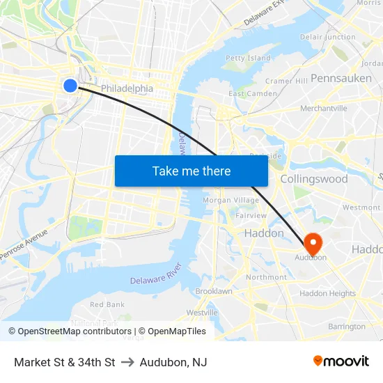 Market St & 34th St to Audubon, NJ map