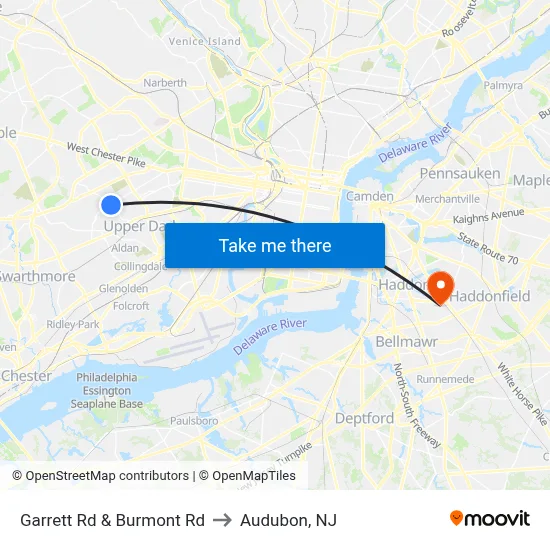 Garrett Rd & Burmont Rd to Audubon, NJ map