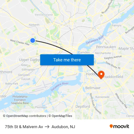 75th St & Malvern Av to Audubon, NJ map
