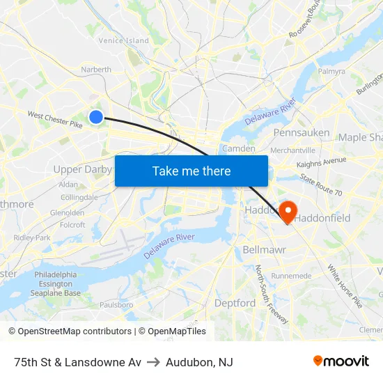75th St & Lansdowne Av to Audubon, NJ map