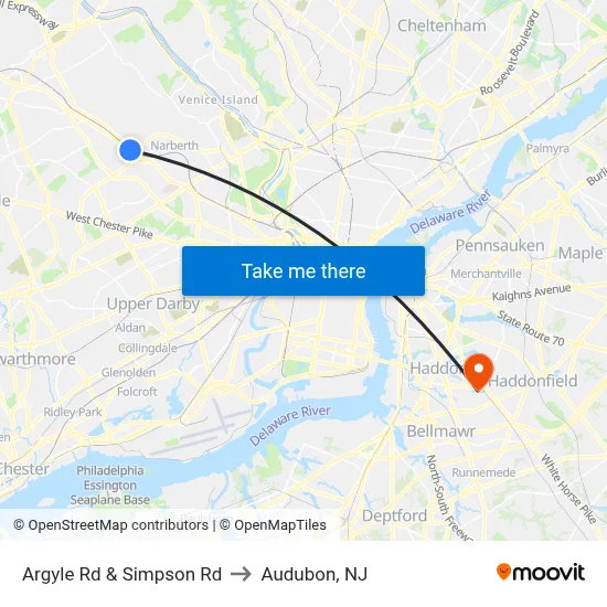 Argyle Rd & Simpson Rd to Audubon, NJ map