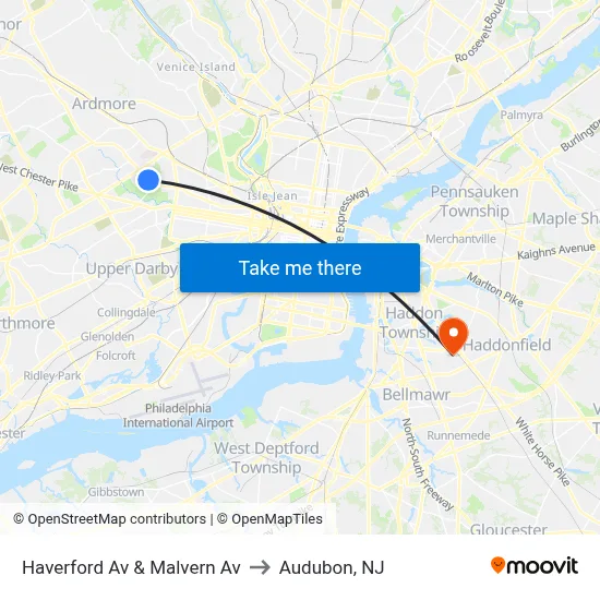 Haverford Av & Malvern Av to Audubon, NJ map