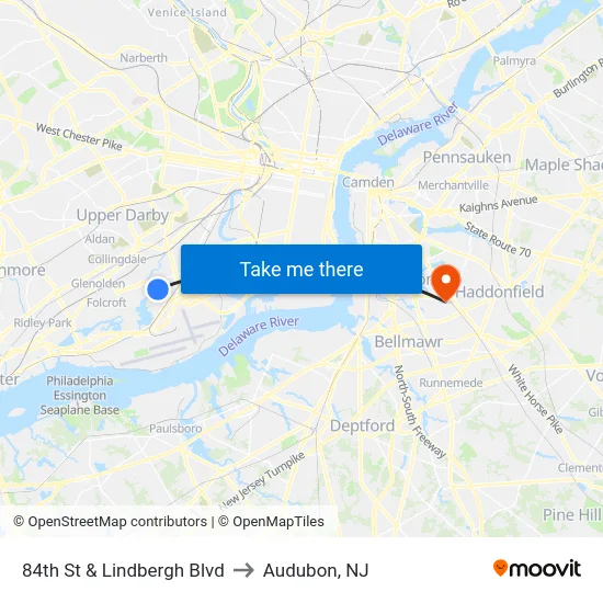 84th St & Lindbergh Blvd to Audubon, NJ map