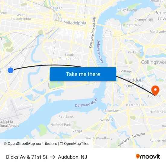 Dicks Av & 71st St to Audubon, NJ map