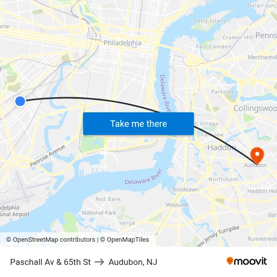 Paschall Av & 65th St to Audubon, NJ map