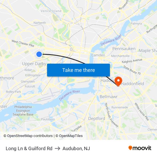 Long Ln & Guilford Rd to Audubon, NJ map