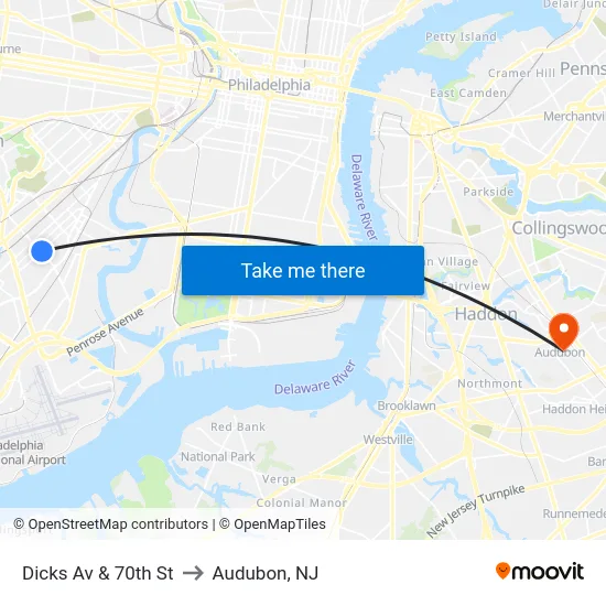 Dicks Av & 70th St to Audubon, NJ map