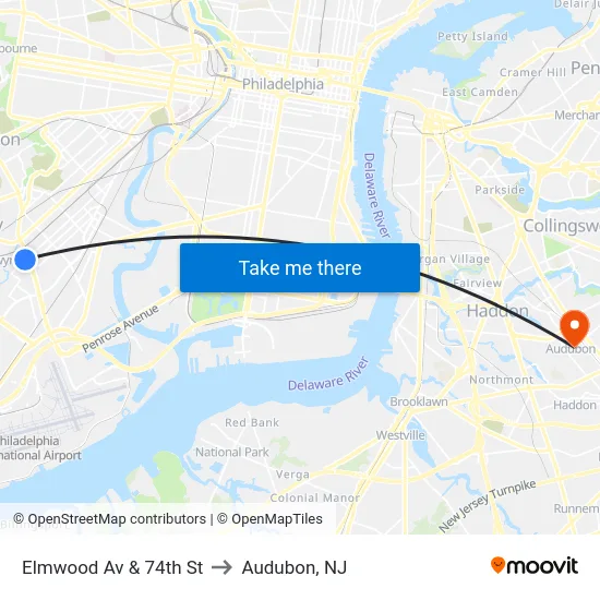 Elmwood Av & 74th St to Audubon, NJ map