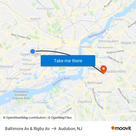 Baltimore Av & Rigby Av to Audubon, NJ map