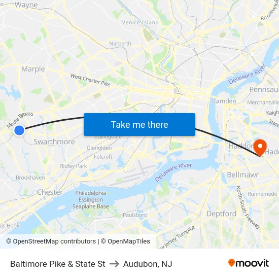 Baltimore Pike & State St to Audubon, NJ map