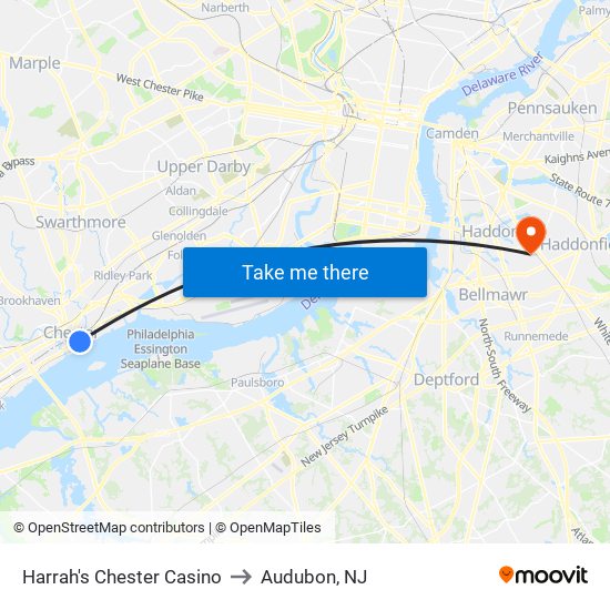 Harrah's Chester Casino to Audubon, NJ map