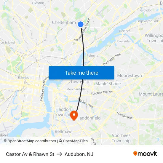 Castor Av & Rhawn St to Audubon, NJ map